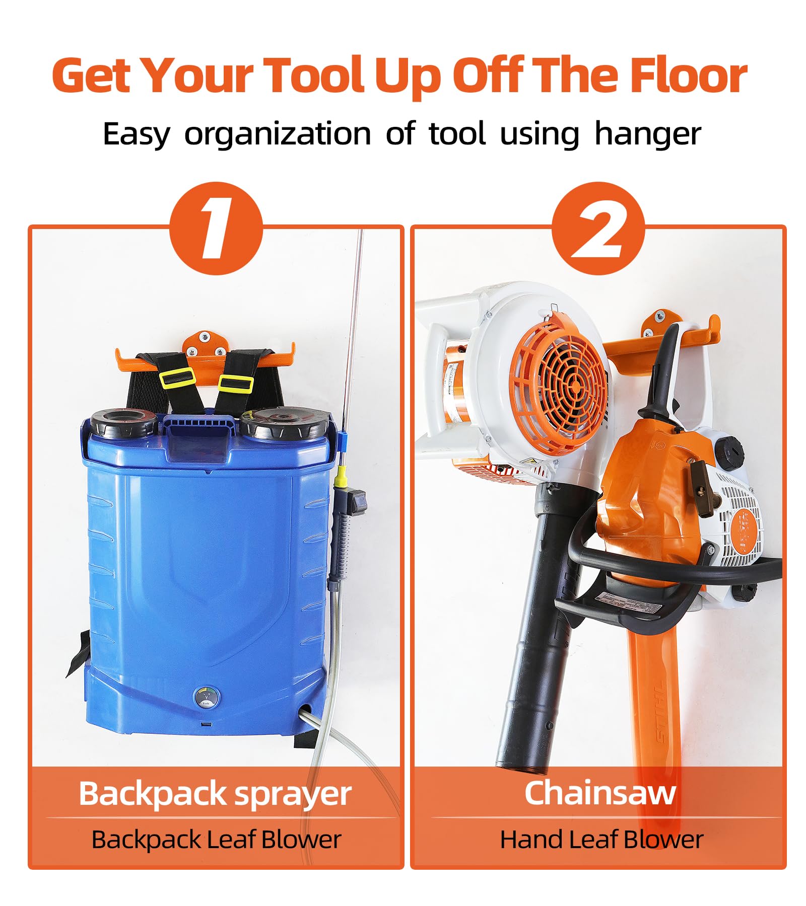Heavy-duty steel bracket provides stable storage for garage tools.