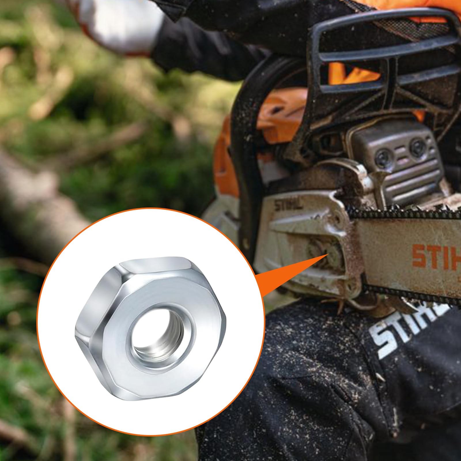 OSROENE stihl-compatible bar nut closeup highlights high-strength iron and easy reassembly