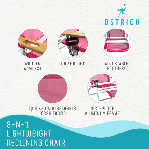 Ostrich The Original 3N1 chair highlights a lightweight aluminum frame for durable outdoor use.
