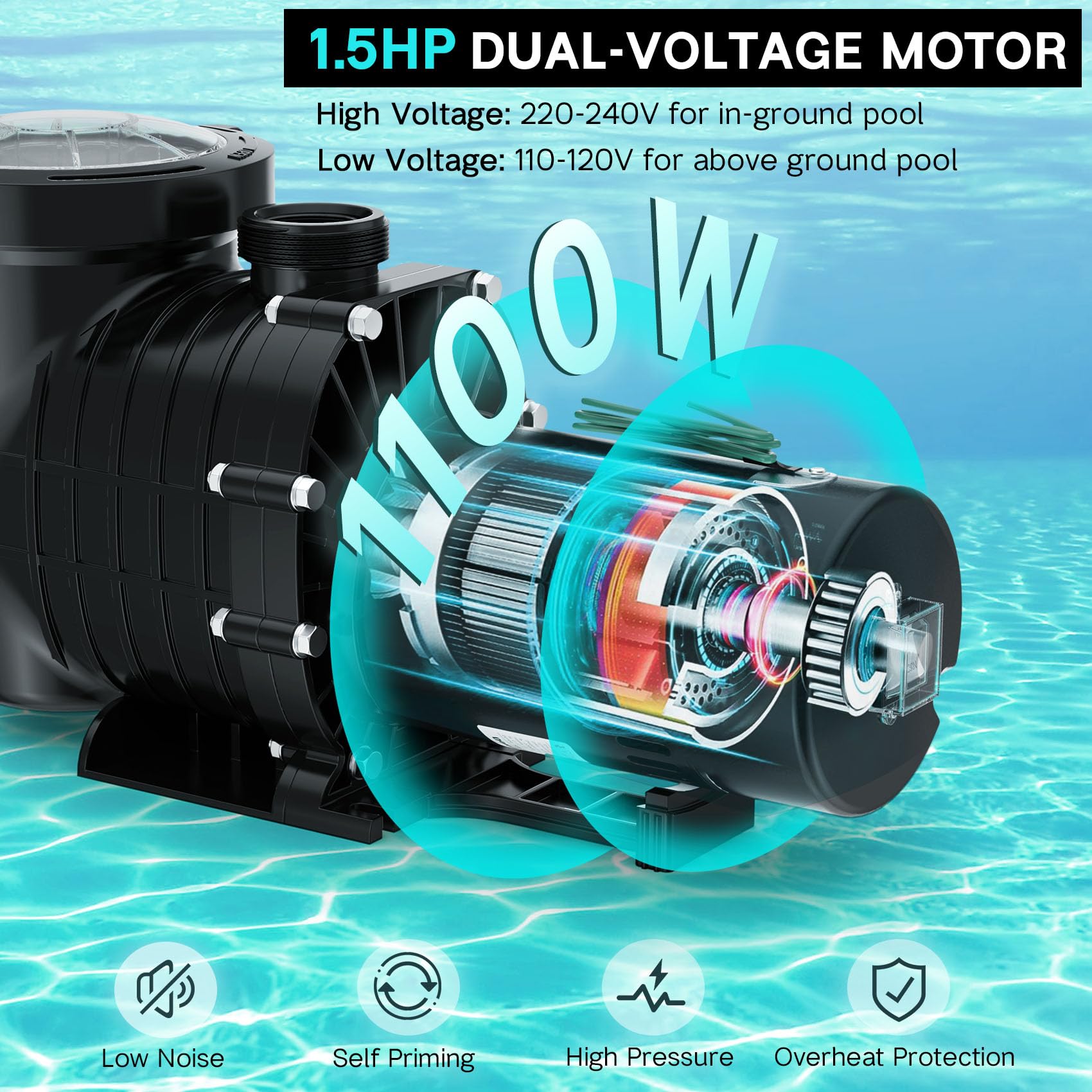 Oswerpon pool pump dual-voltage switch enables easy 115V or 230V operation.