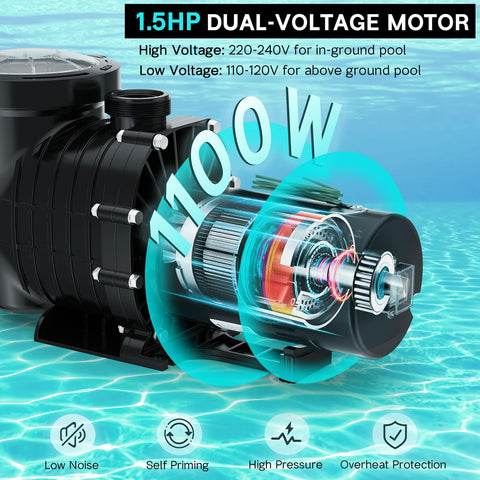 Oswerpon pool pump dual-voltage switch enables easy 115V or 230V operation.