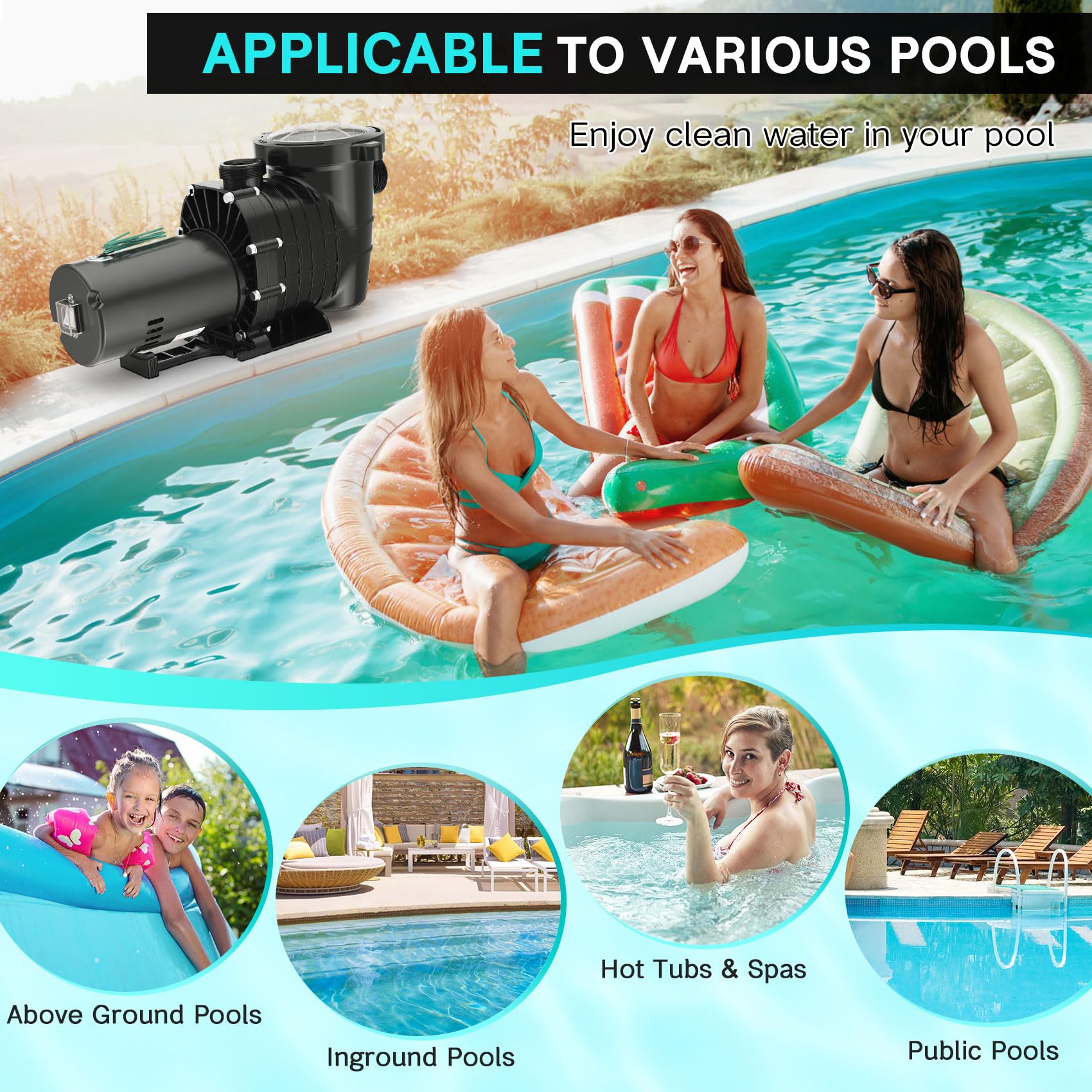 Oswerpon pool pump in-use image shows reliable pool circulation.