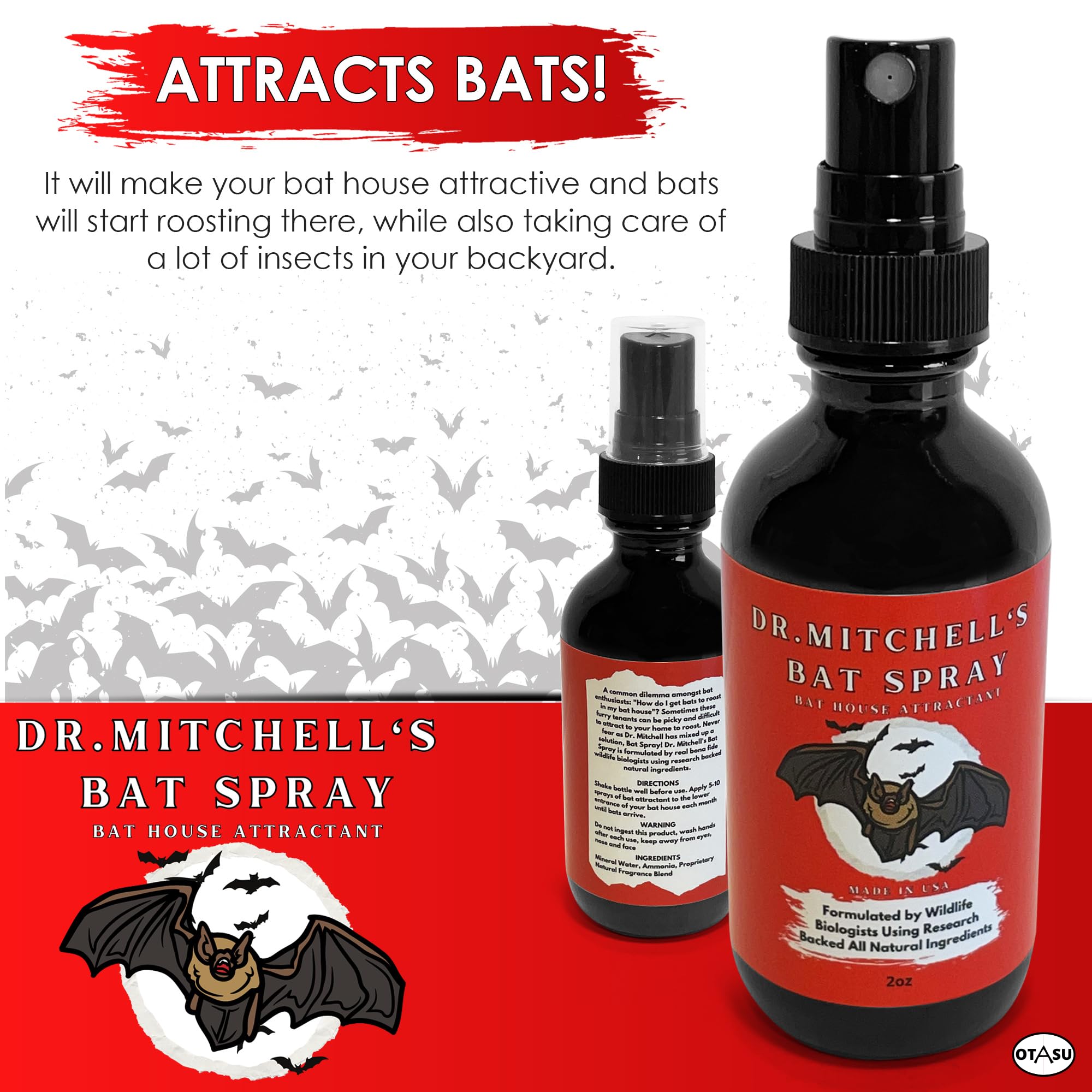 OTASU Bat Spray beside a bat house suggests easy setup for roosting