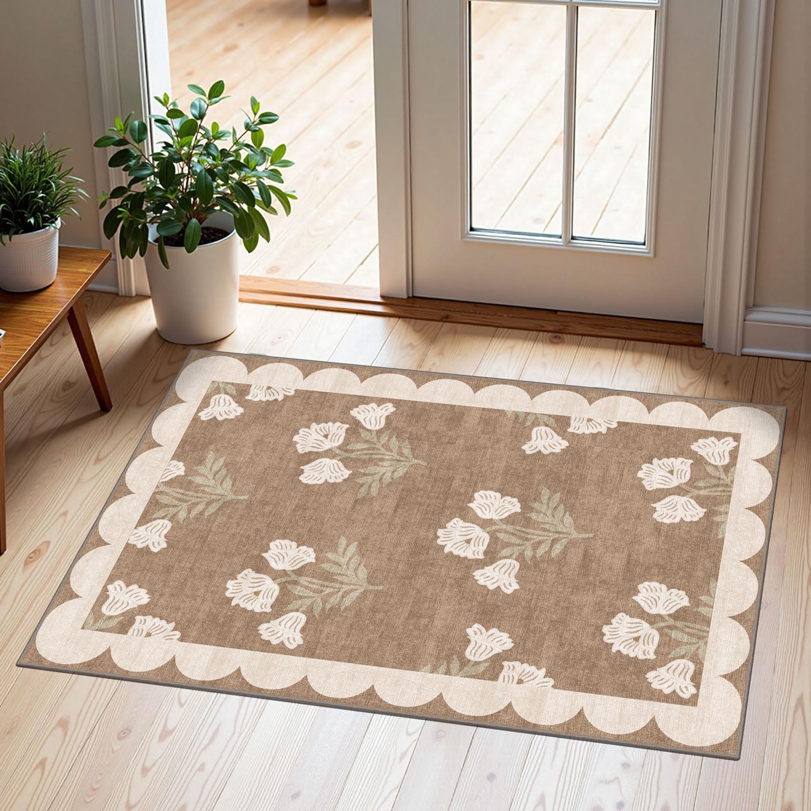 Othilic floral front door mat with scalloped edge for a welcoming entryway