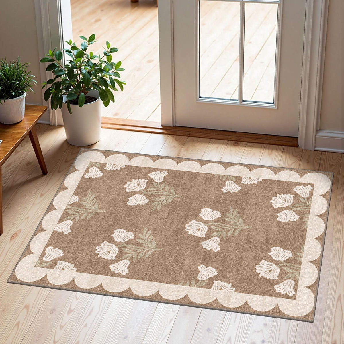 Othilic floral front door mat with scalloped edge for a welcoming entryway