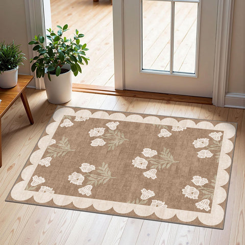 Othilic floral front door mat with scalloped edge for a welcoming entryway