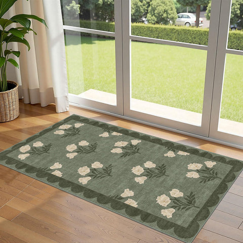 Othilic floral layered doormat at the front door with vintage charm and welcoming texture.