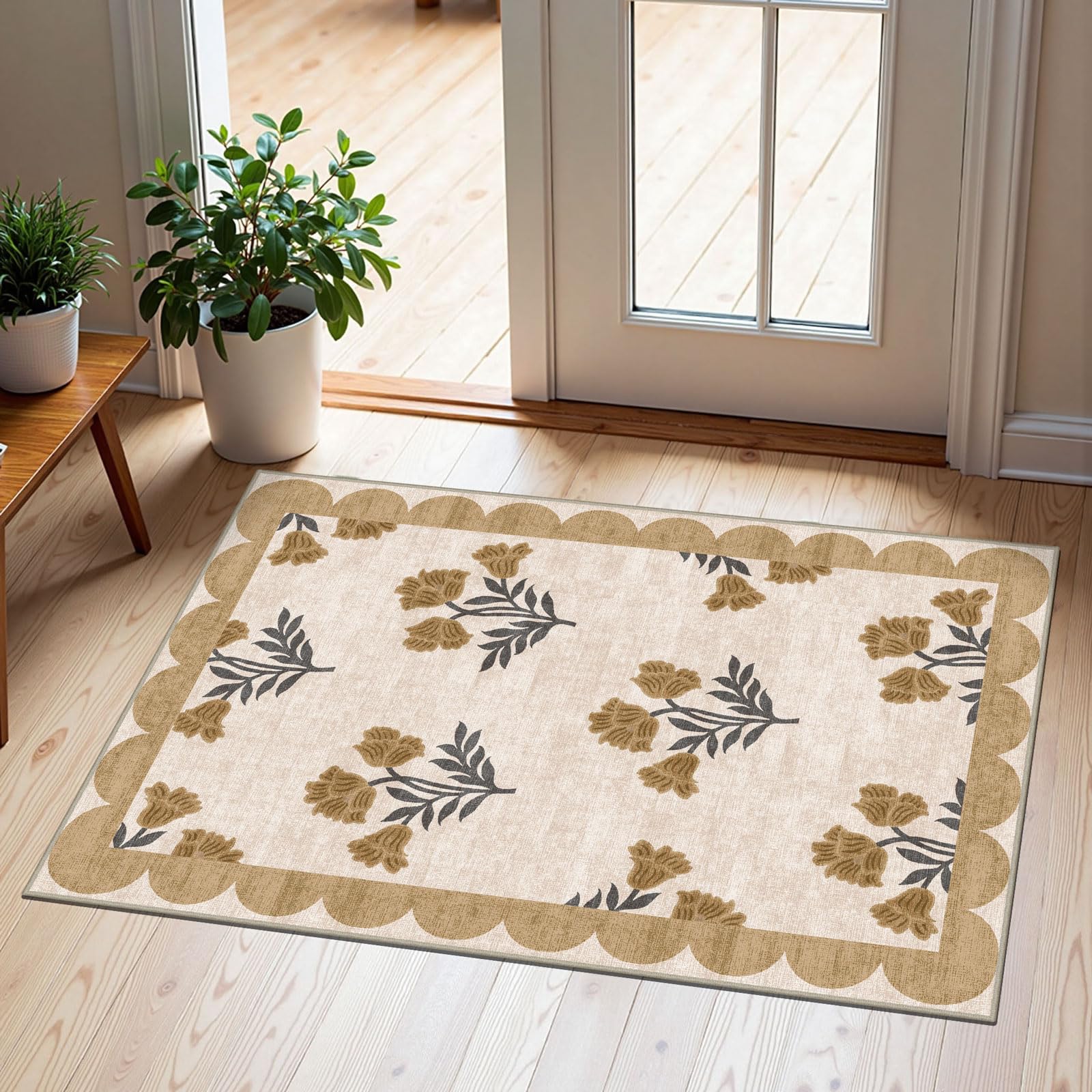 Othilic front door mat with spring florals and scalloped edge, perfect for an inviting entry.