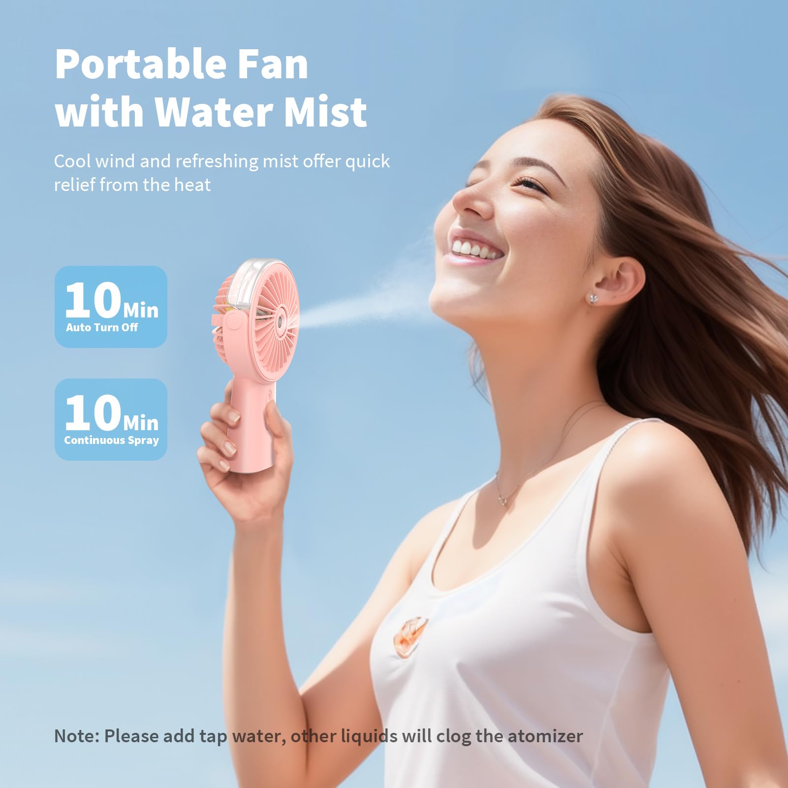 Otlonpe handheld misting fan side view shows mist spray in action for immediate cooling.