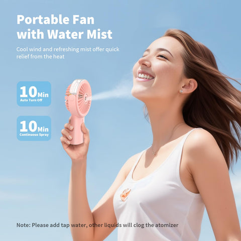 Otlonpe handheld misting fan side view shows mist spray in action for immediate cooling.