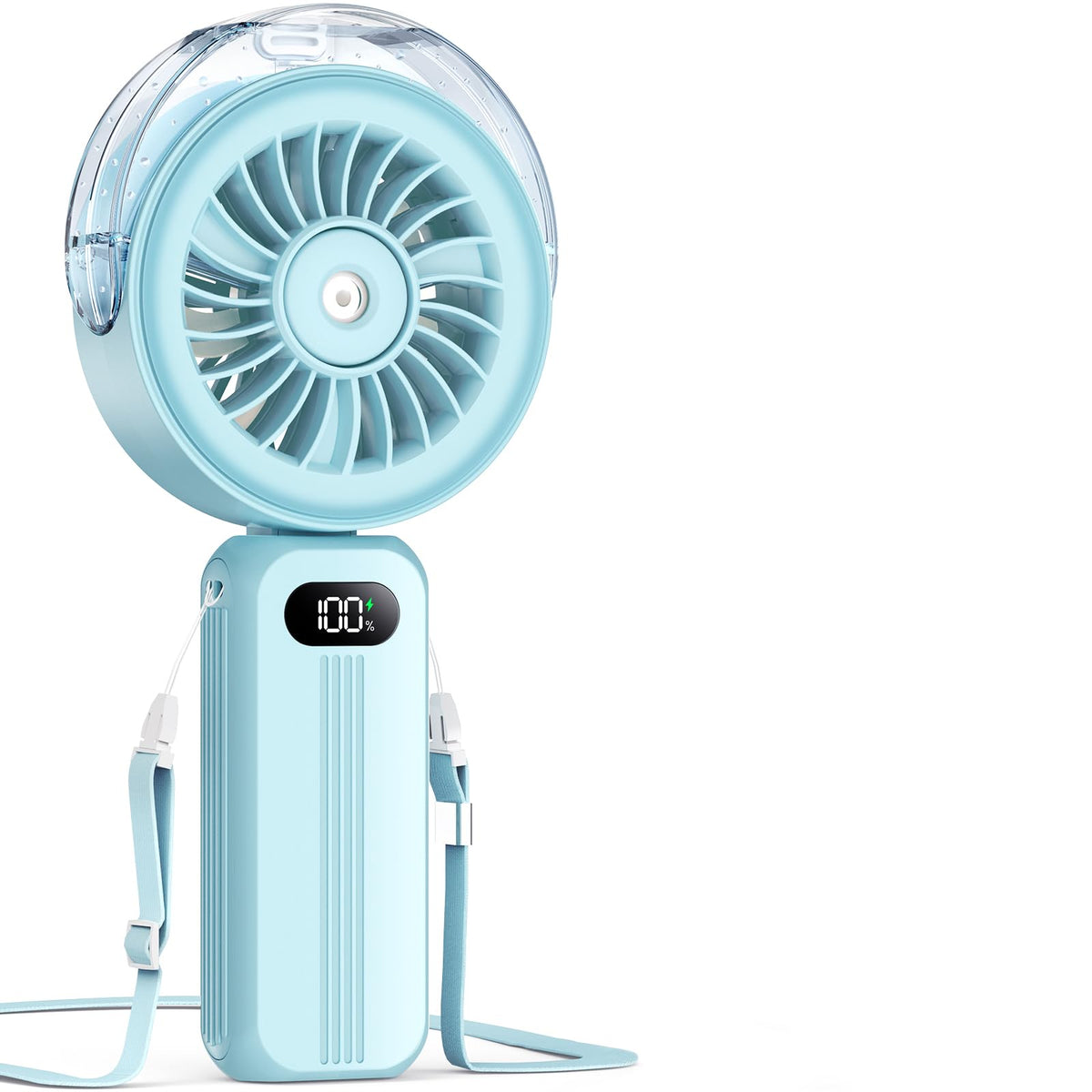 Otlonpe handheld misting fan water tank for refreshing cooling on hot days.