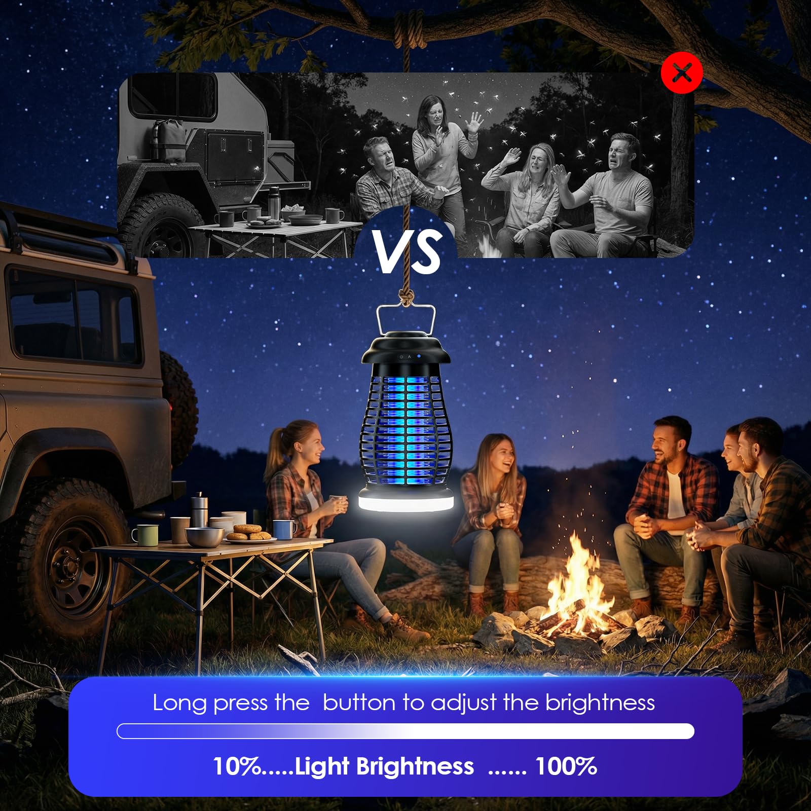 Otlotrte Bug Zapper camping light mode in a tent setup.