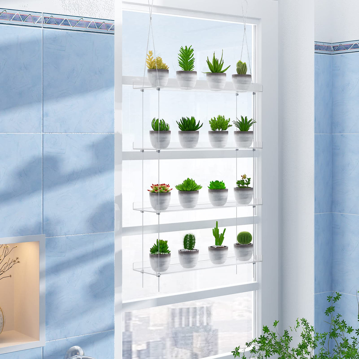 OtNiap 4-Tier Clear Plant Shelves front view for a sunlit window display