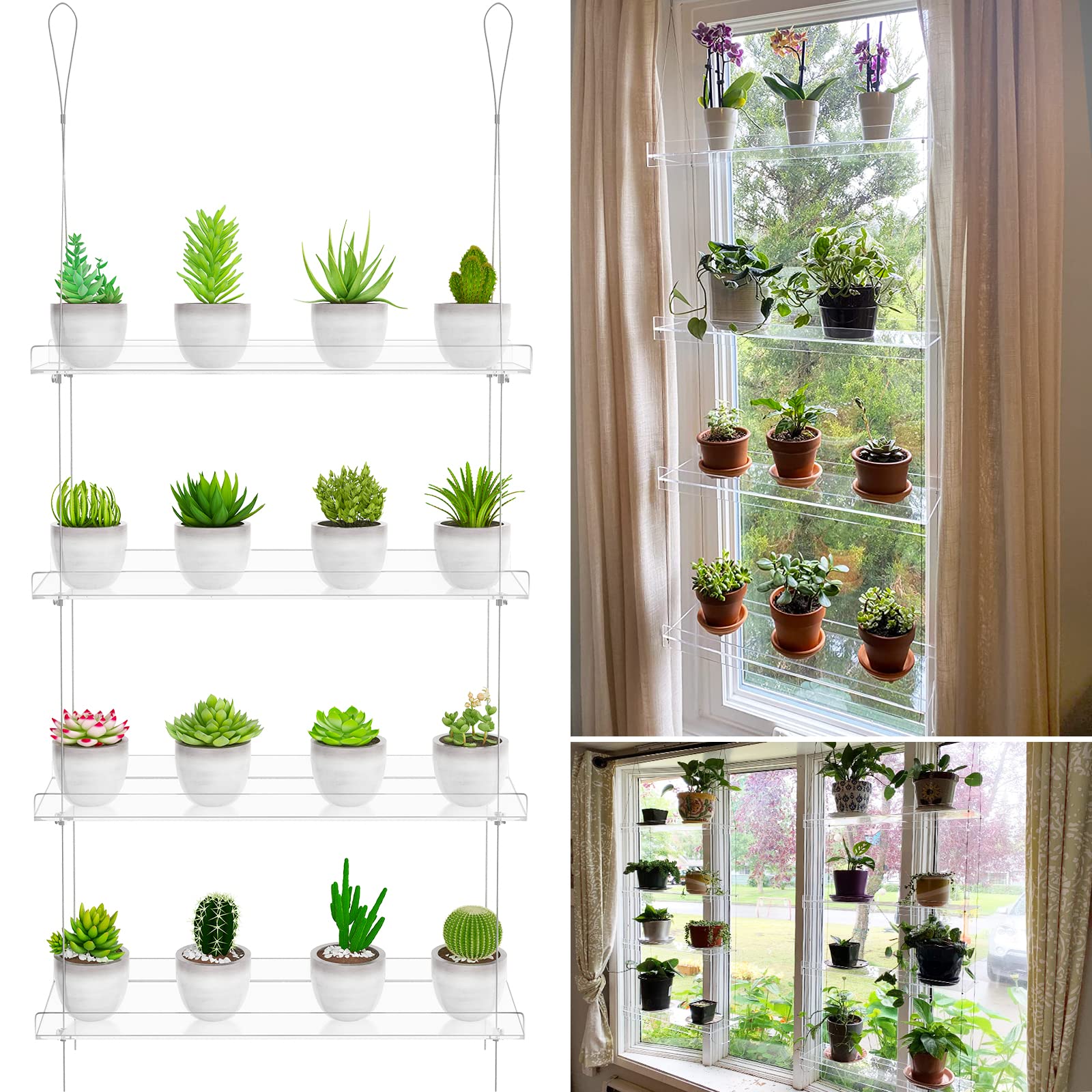 OtNiap 4-Tier Clear Plant Shelves side view highlighting adjustable height