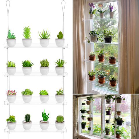 OtNiap 4-Tier Clear Plant Shelves side view highlighting adjustable height