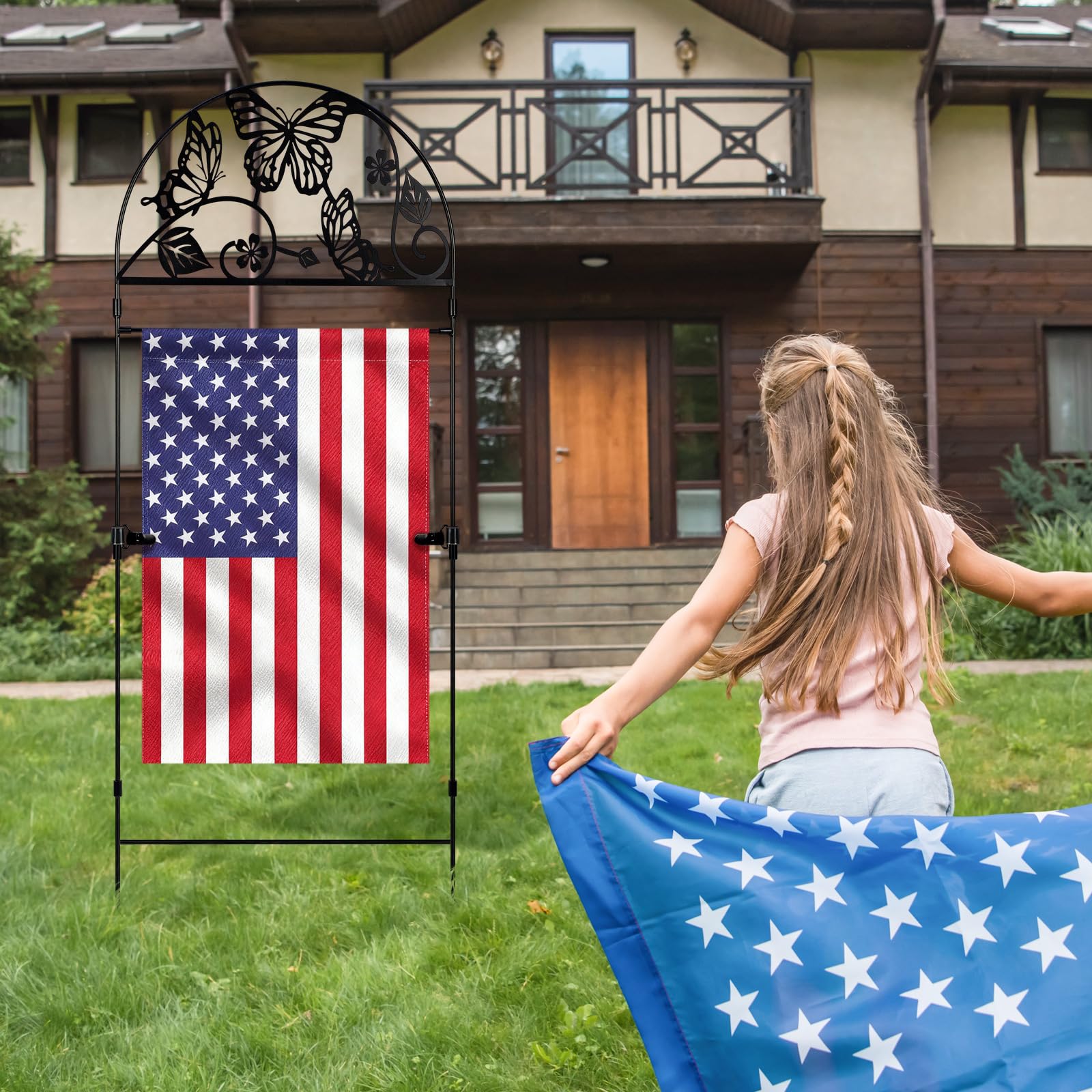 Otoolling outdoor flag display on balcony with easy tool-free installation
