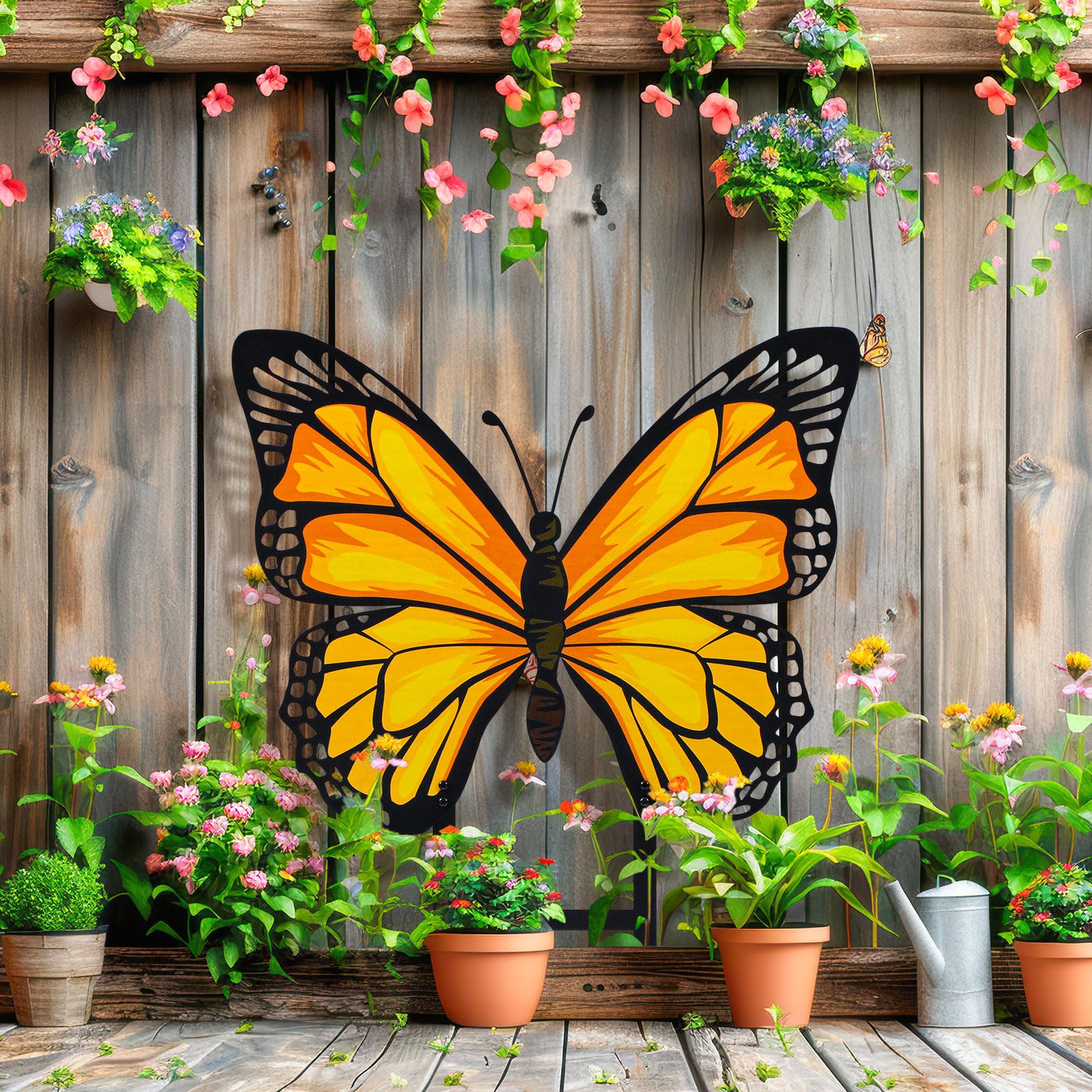 Otoolling butterfly stake features durable iron construction that withstands rain and sun.