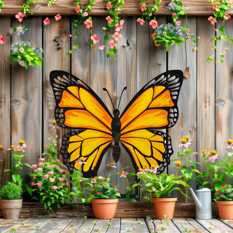 Otoolling butterfly stake features durable iron construction that withstands rain and sun.