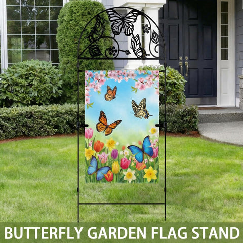 Otoolling flag stand installed in a garden setting demonstrates weather resistance