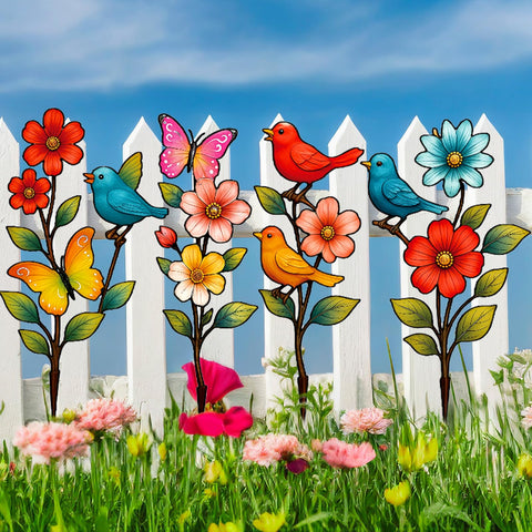 Otoolling garden stakes showcase colorful birds for lively outdoor spaces.