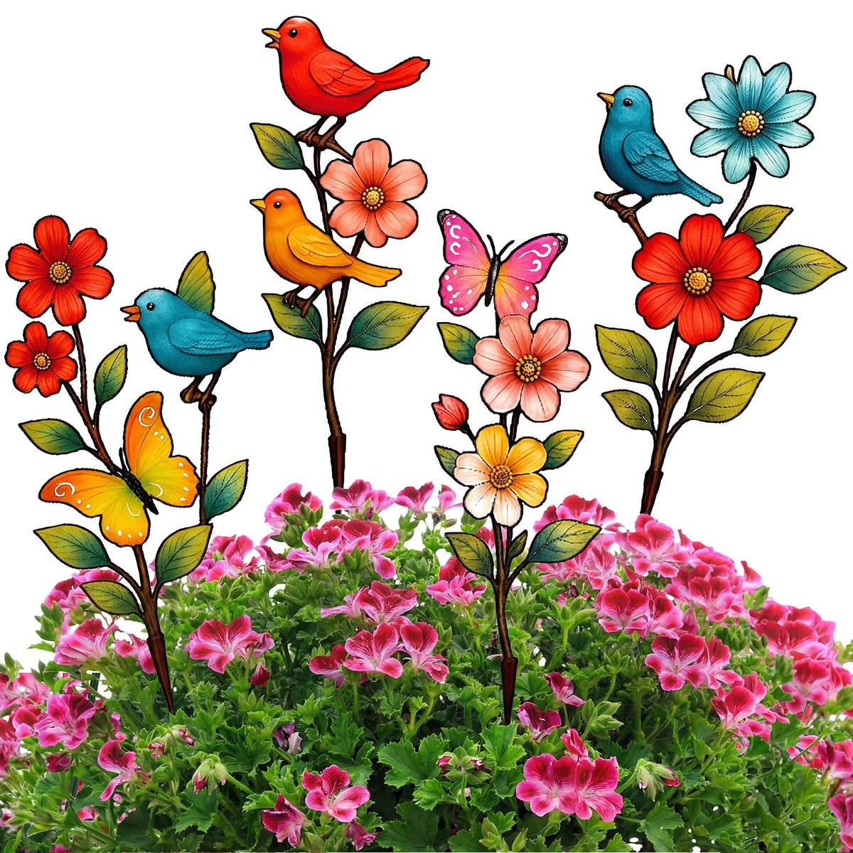 Otoolling garden stakes with colorful flowers brighten beds and borders.