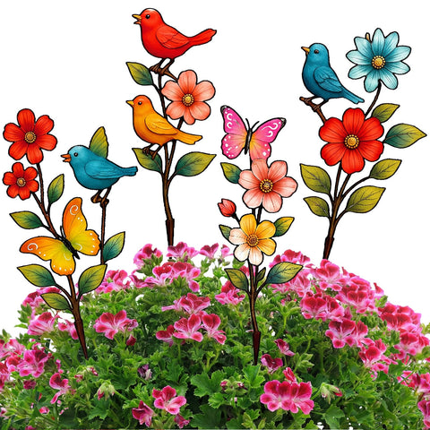 Otoolling garden stakes with colorful flowers brighten beds and borders.