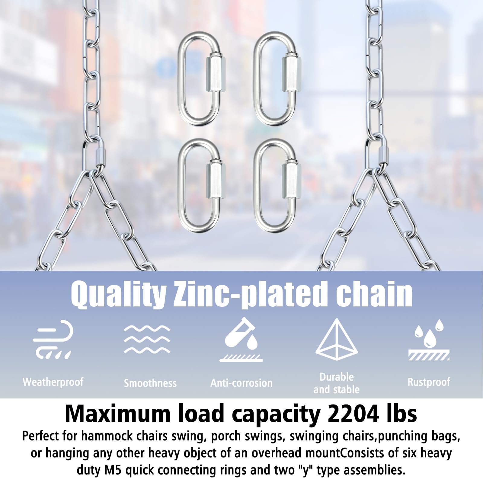 Eight-foot long chains stretched between porch beam and swing seat.
