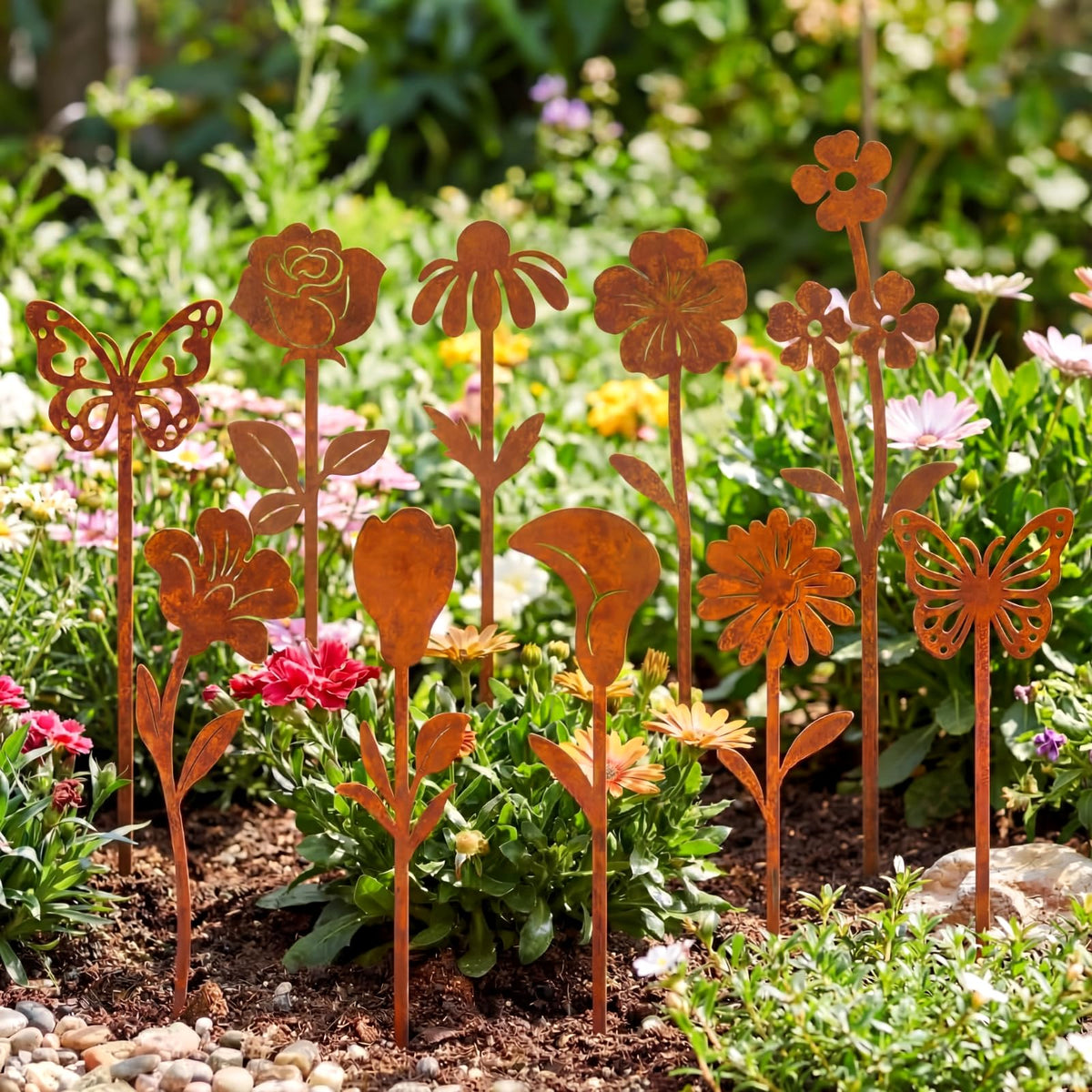 Otoolling rusty metal flowers stake adds rustic charm to outdoor garden spaces
