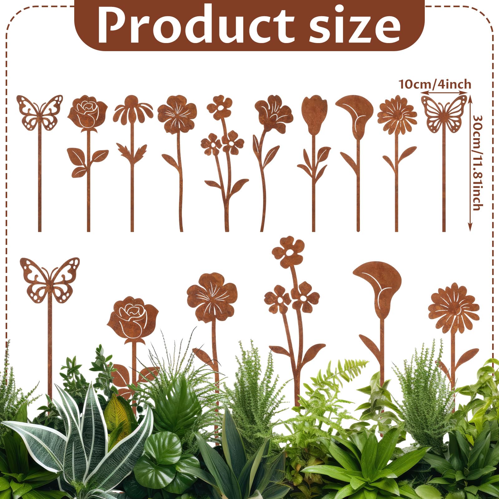 Otoolling rusty metal flowers and butterfly design enhances walkways and patios