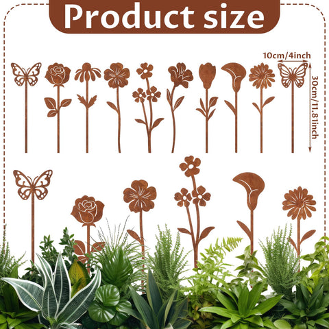 Otoolling rusty metal flowers and butterfly design enhances walkways and patios