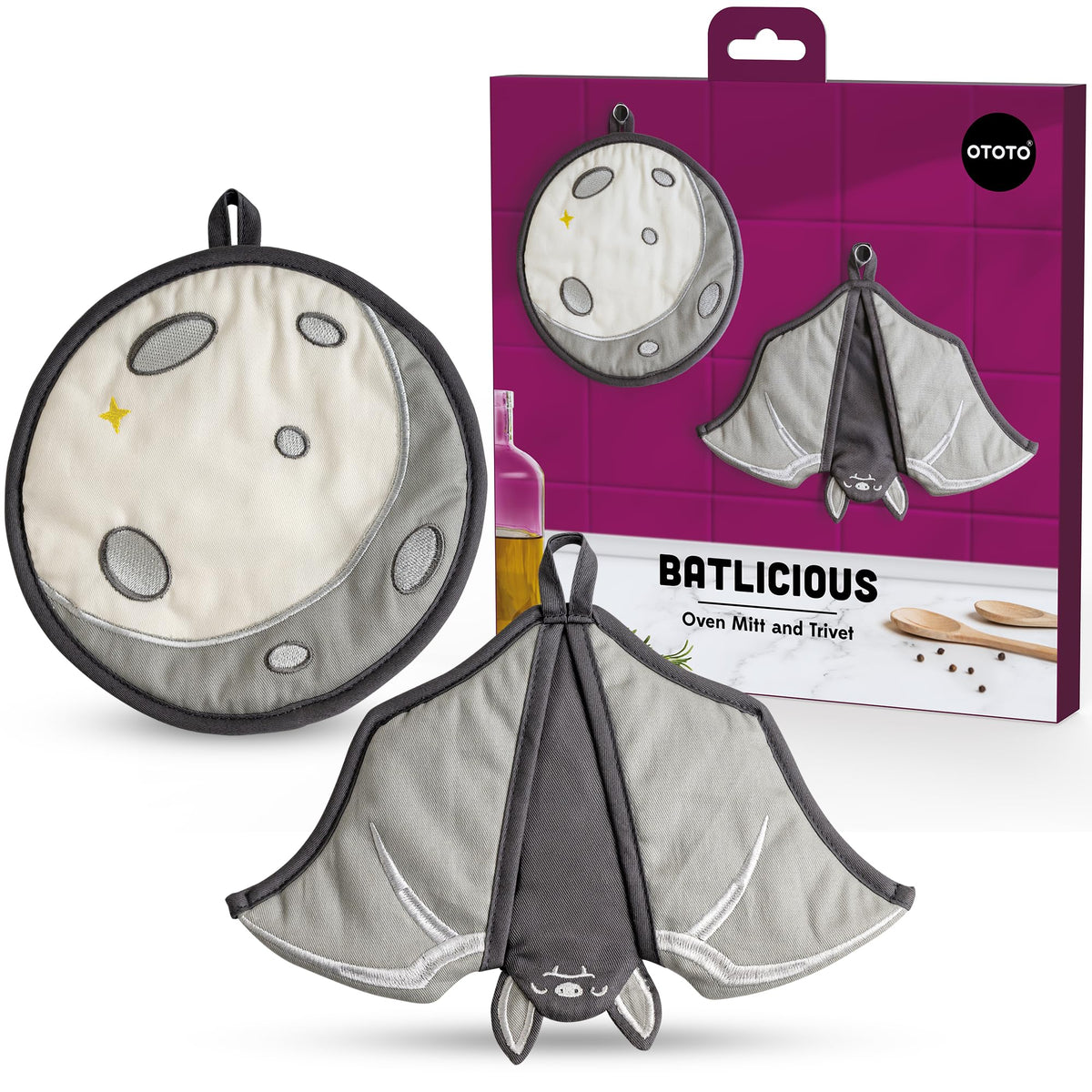 OTOTO Batlicious oven mitts set featuring bat motif for safe handling of hot pots.