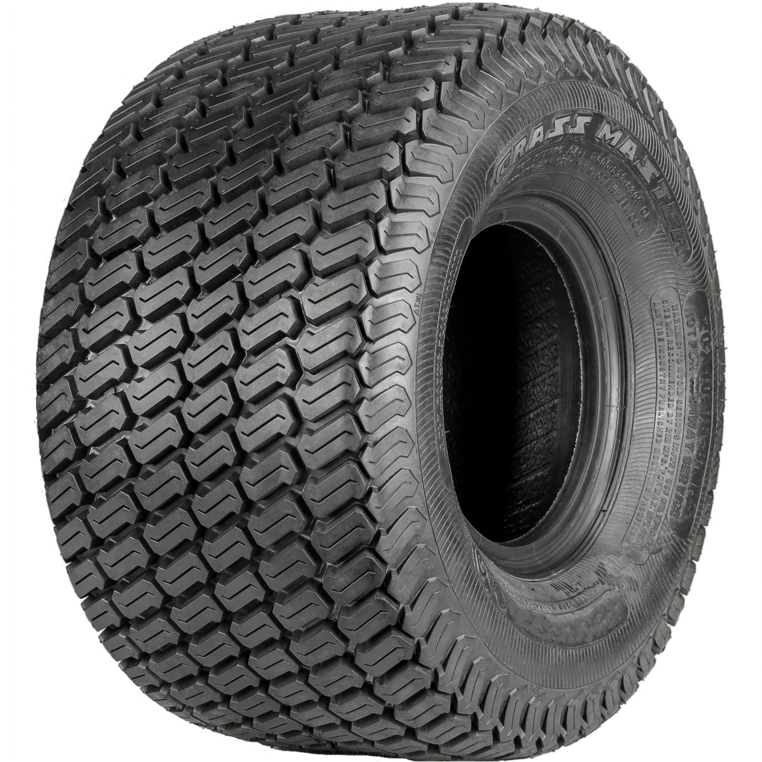 OTR Grassmaster 20x12-10 tread detail, durable quad-ply design for fields.