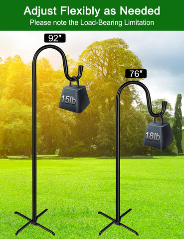 Ottsuls adjustable shepherd hook shows height customization for baskets and lights.