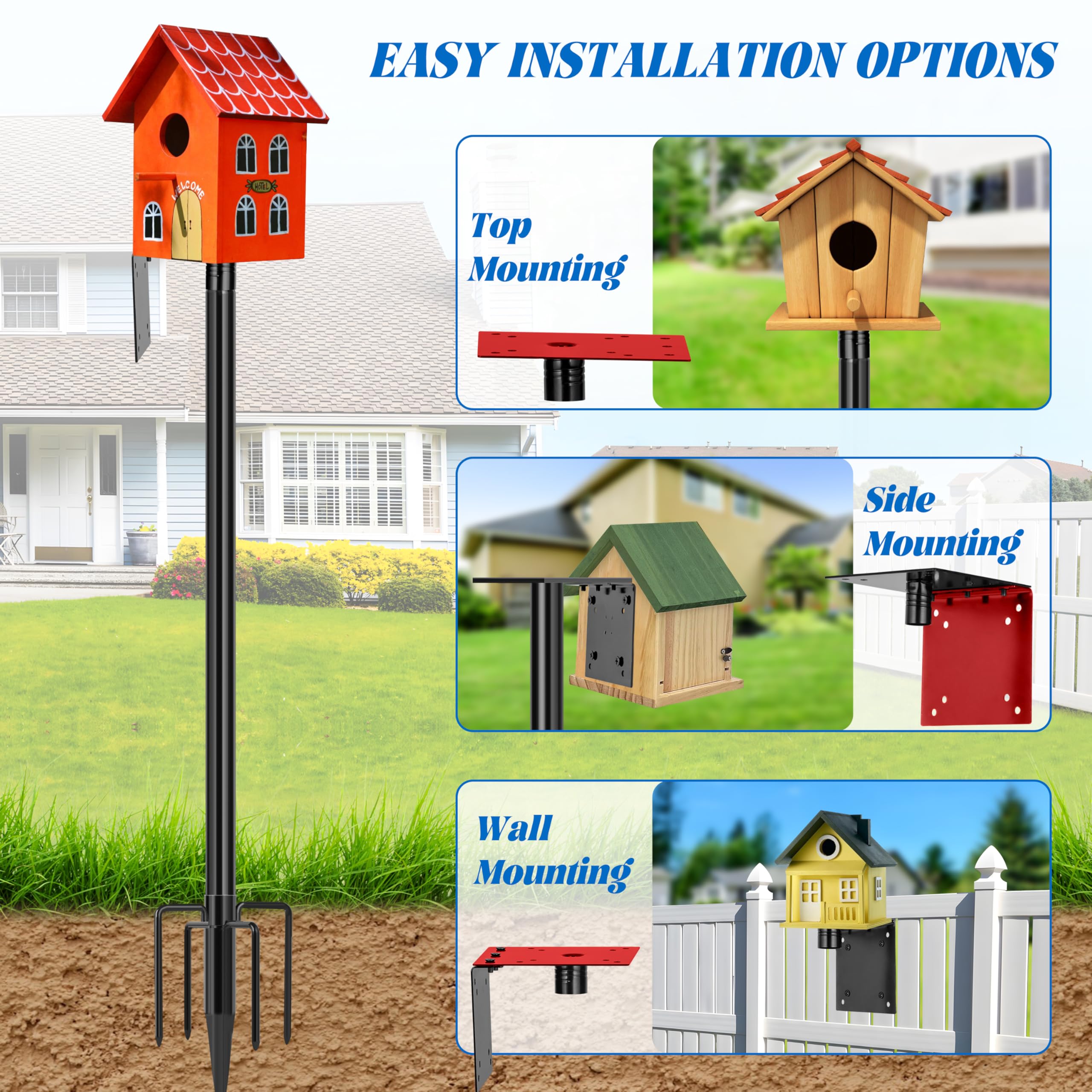 Mounting plates enable secure attachment to birdhouses or fences.