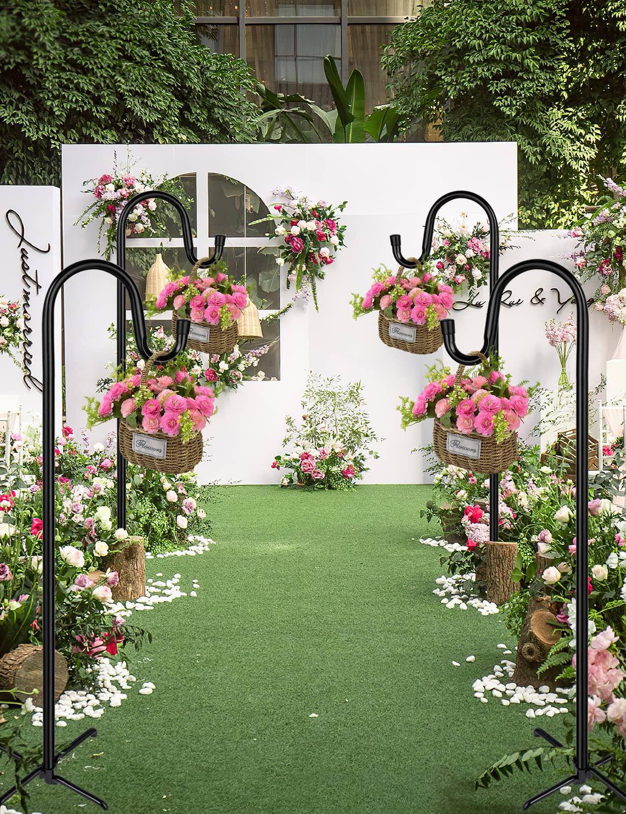 Ottsuls versatile outdoor decor hanger used along a wedding aisle.