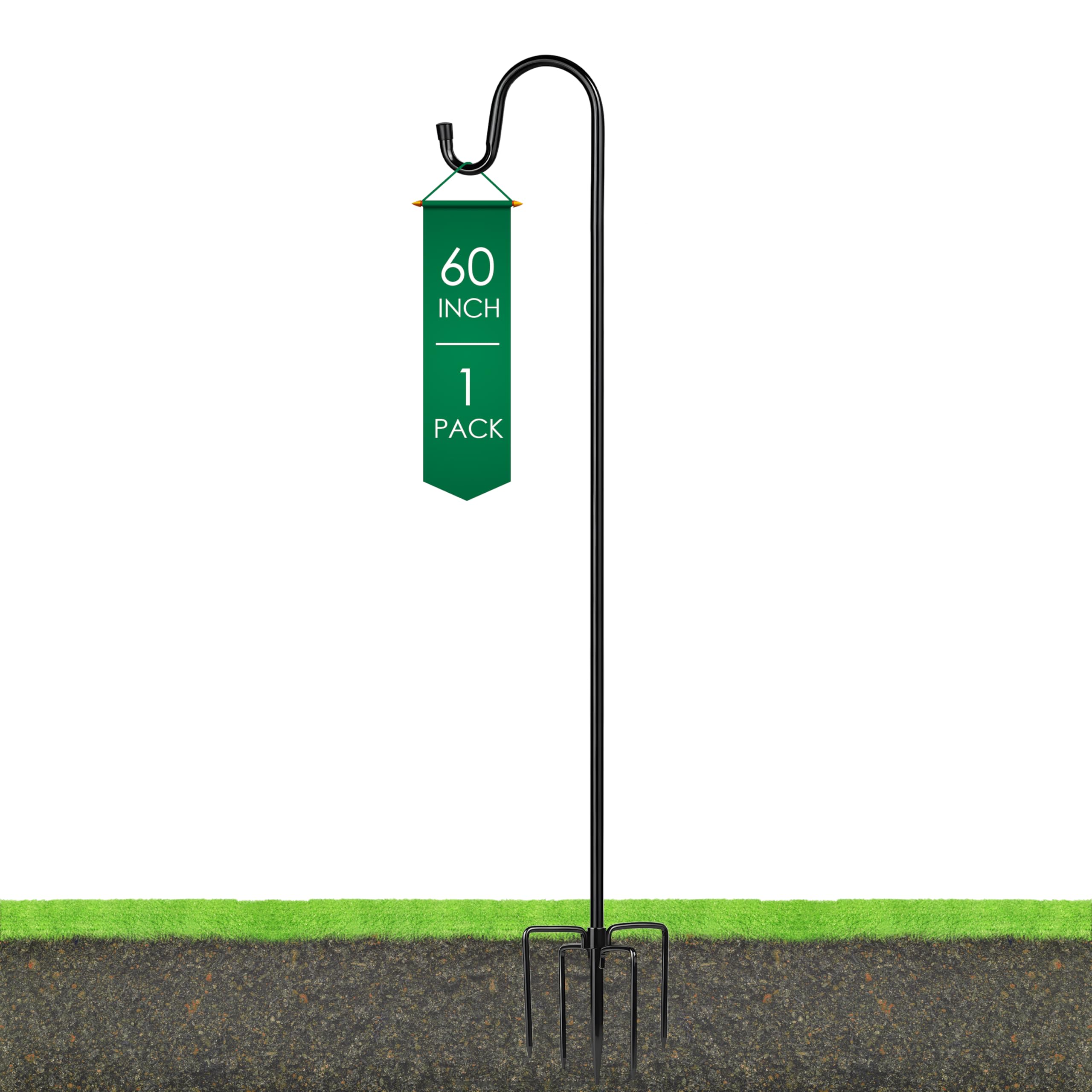 Ottsuls shepherd hook with 5-prong base delivers stable ground anchoring for garden displays.