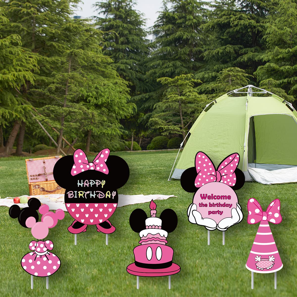 OULUN Minnie yard sign pink birthday cake design enhances yard party ambiance.