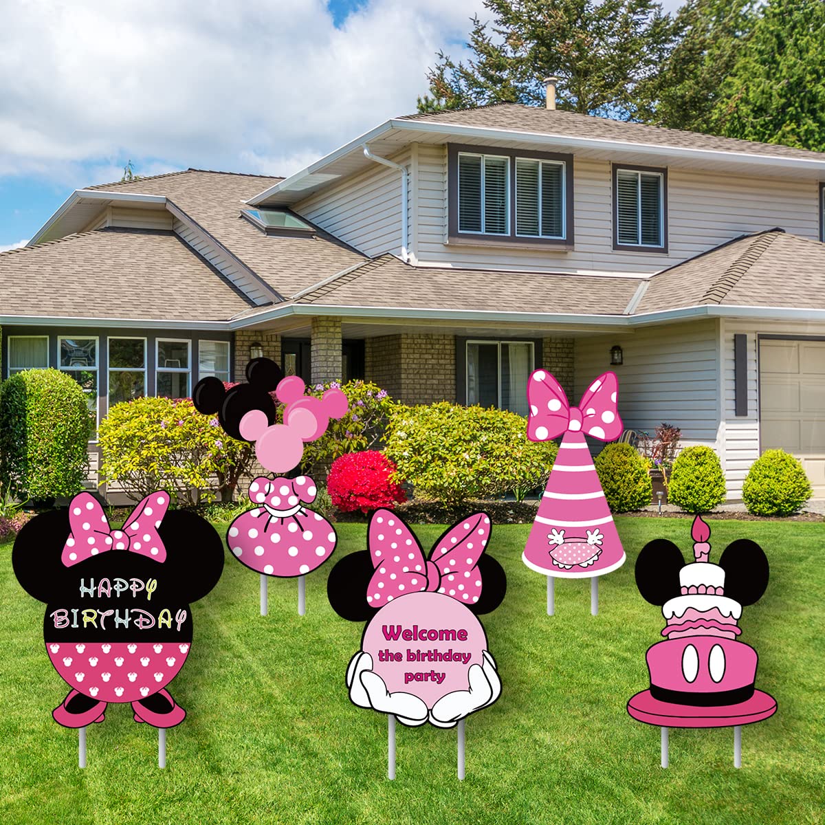 OULUN Minnie yard sign set with five pink mouse designs for outdoor celebrations.