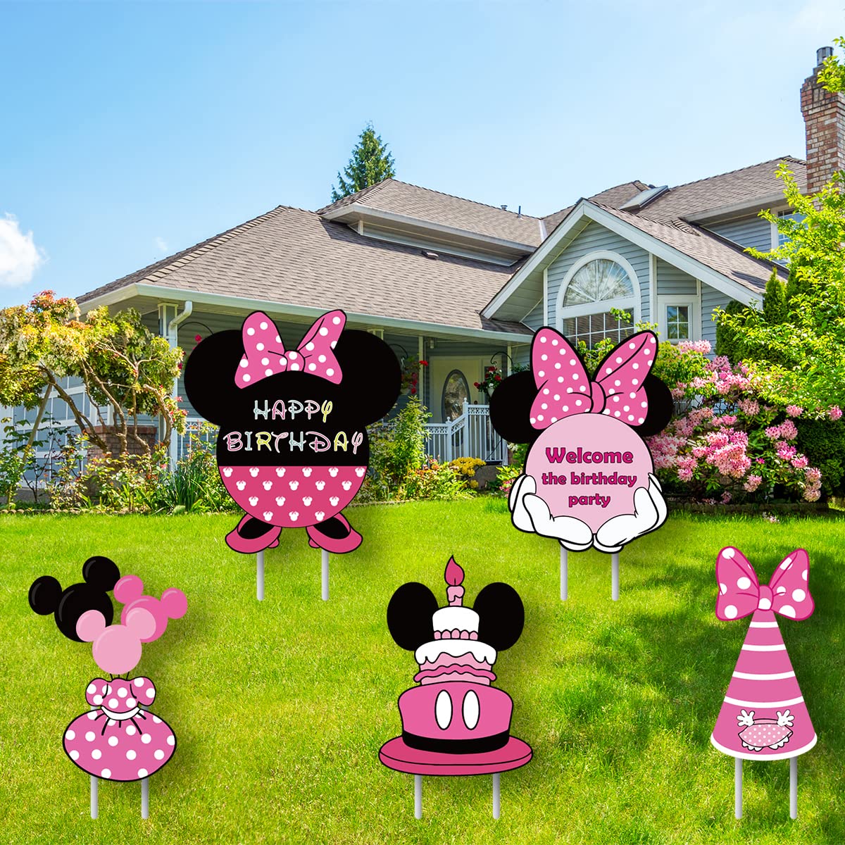 OULUN Minnie yard sign includes sturdy plastic stakes for quick setup.