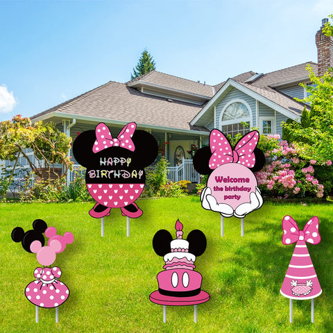 OULUN Minnie yard sign includes sturdy plastic stakes for quick setup.