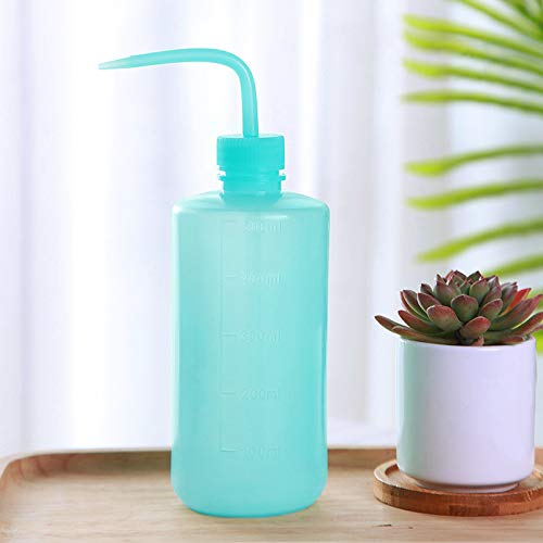 Oubest squeeze bottle blue, in-use with succulents.