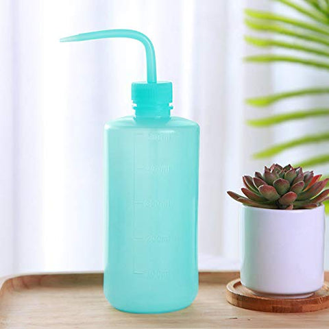 Oubest squeeze bottle blue, in-use with succulents.