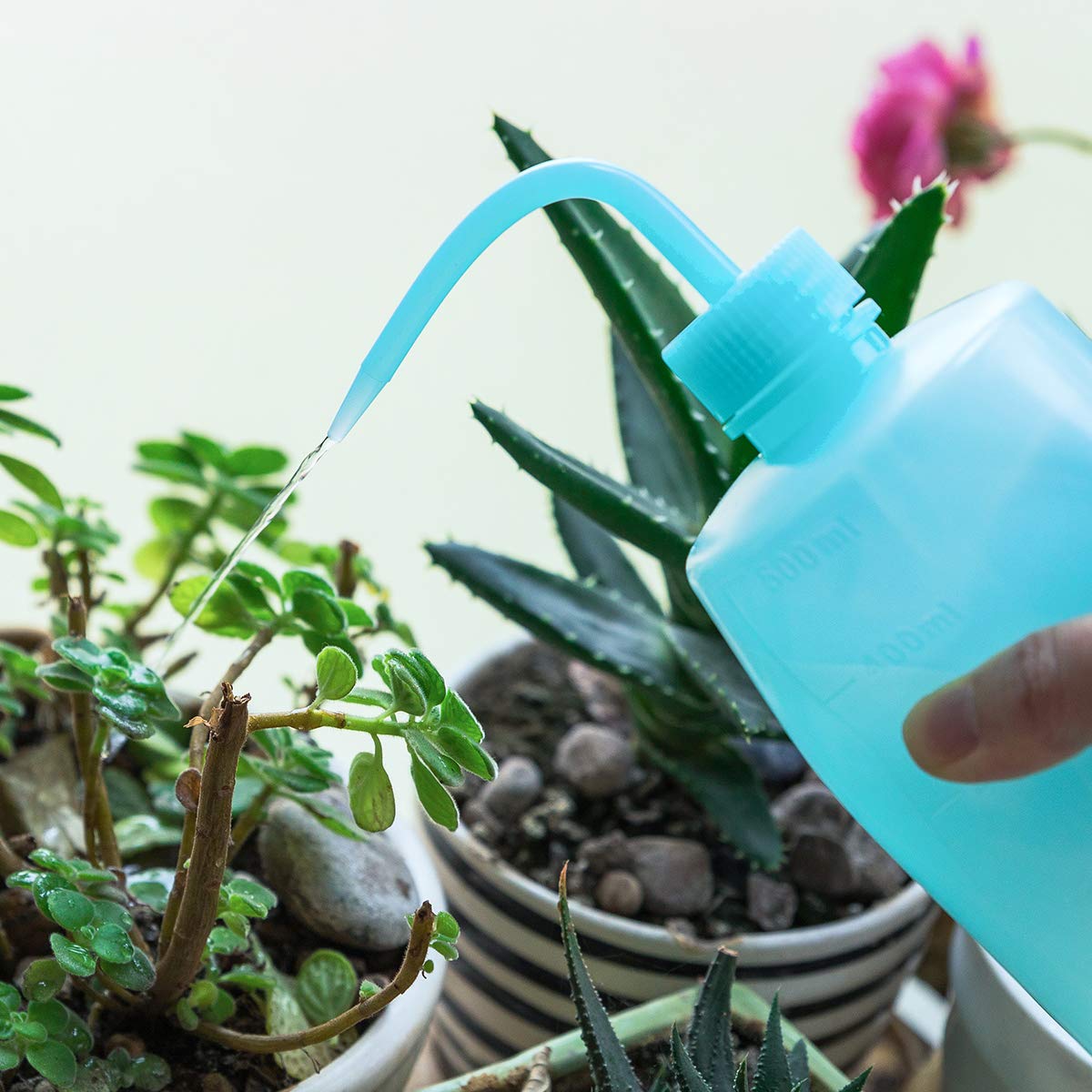 Oubest squeeze bottle blue, visible scale helps control water.