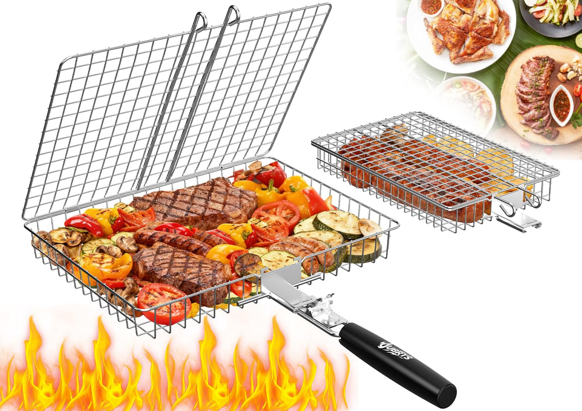 OUBRTS large grill basket for steaks and whole fish cooks evenly