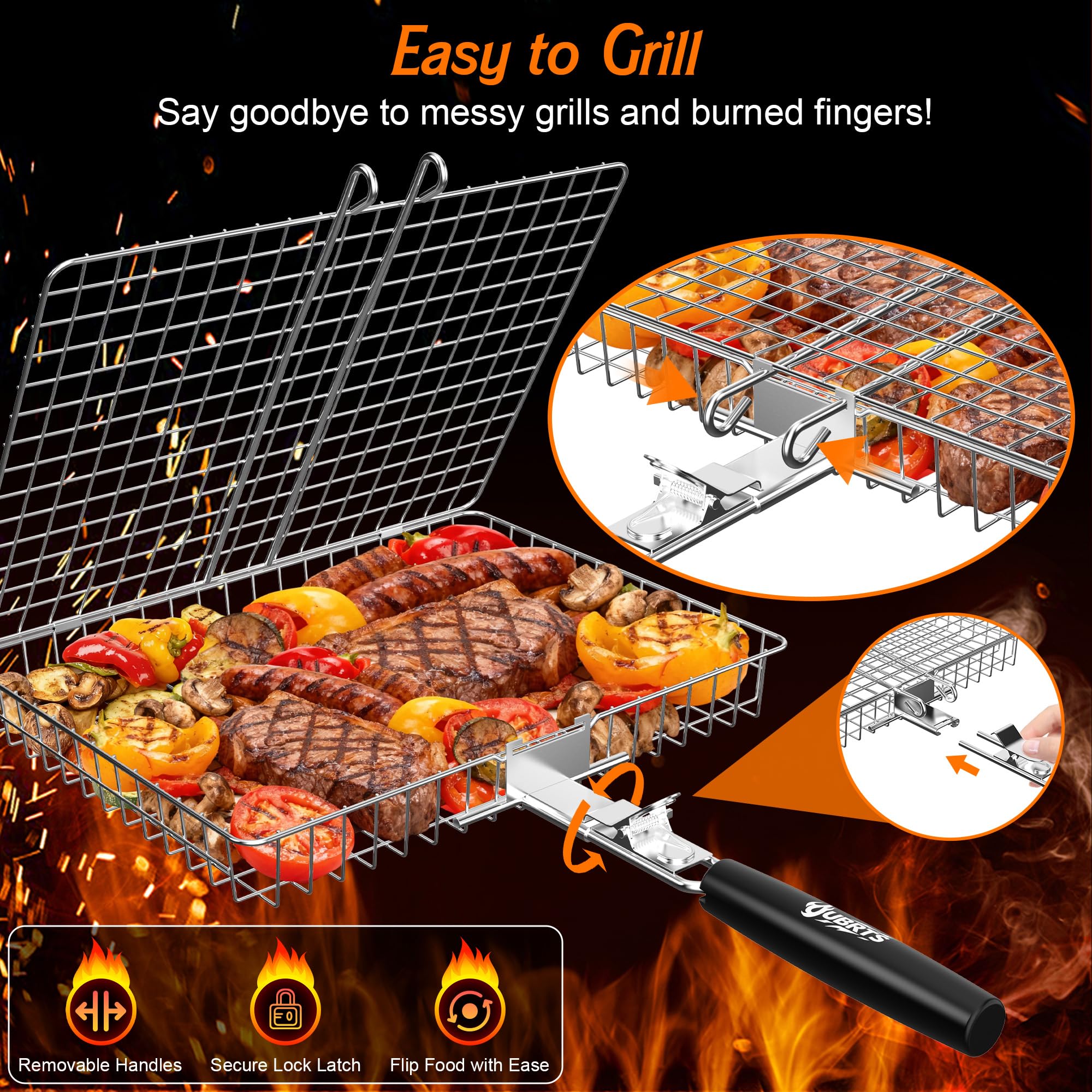 OUBRTS grill basket secure latch prevents food from escaping