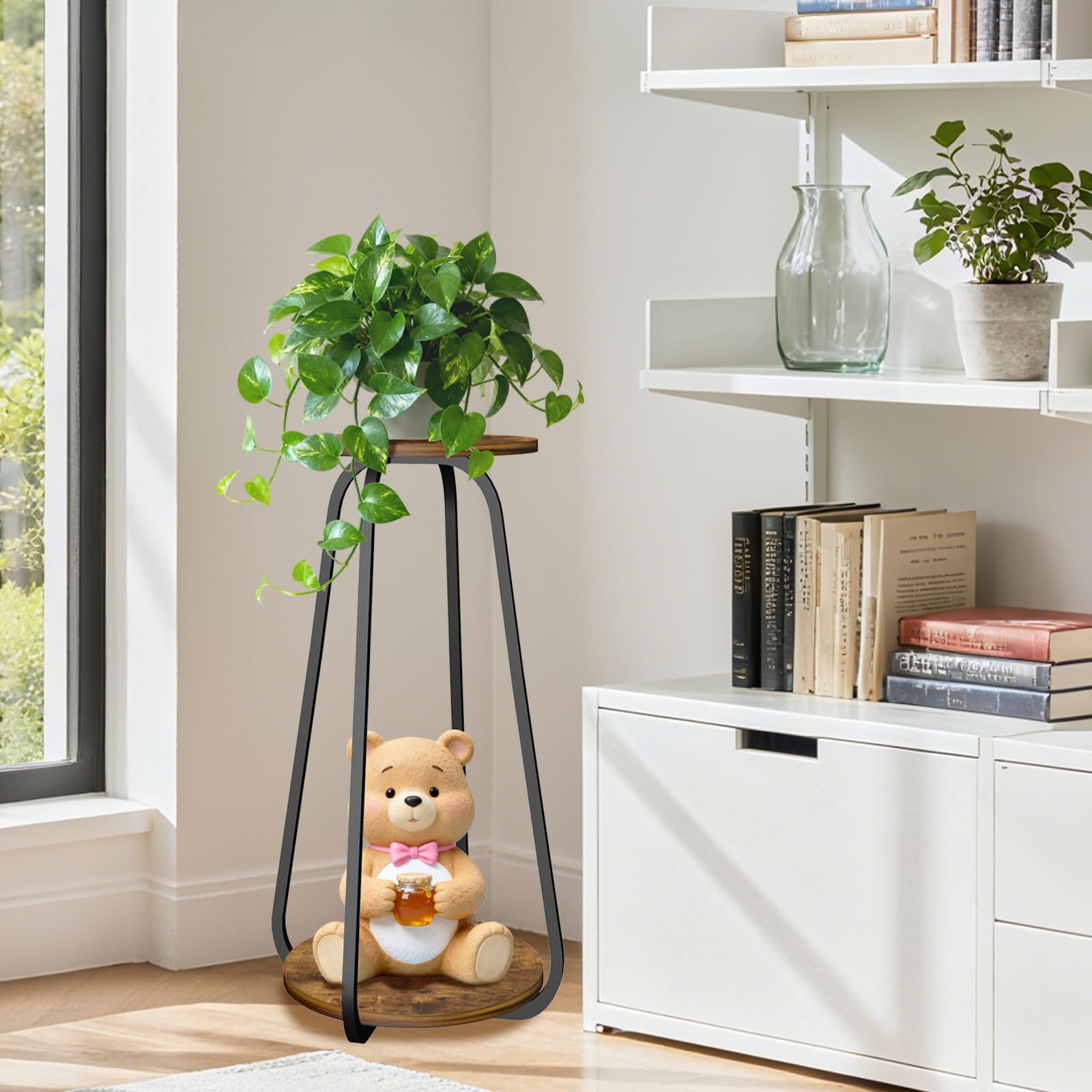 OugeWood compact plant stand pedestal, front view for small spaces