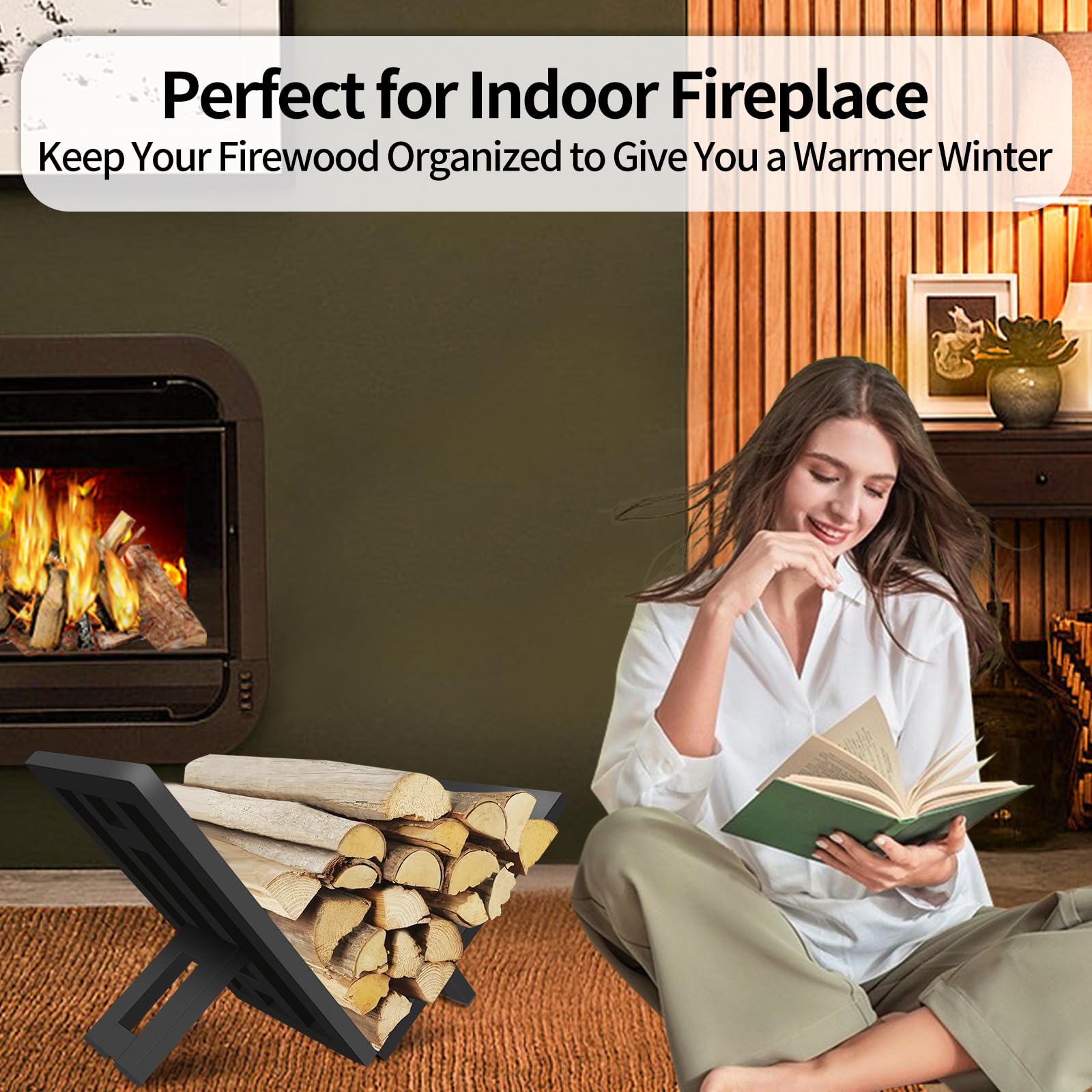 OugeWood rack keeps wood, kindling, and tools near the fireplace.