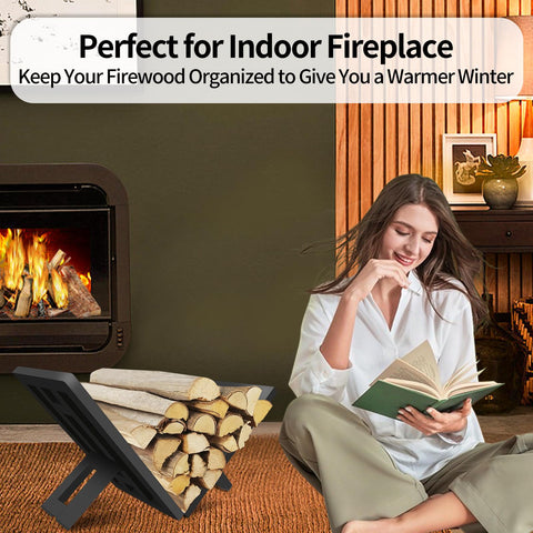 OugeWood rack keeps wood, kindling, and tools near the fireplace.