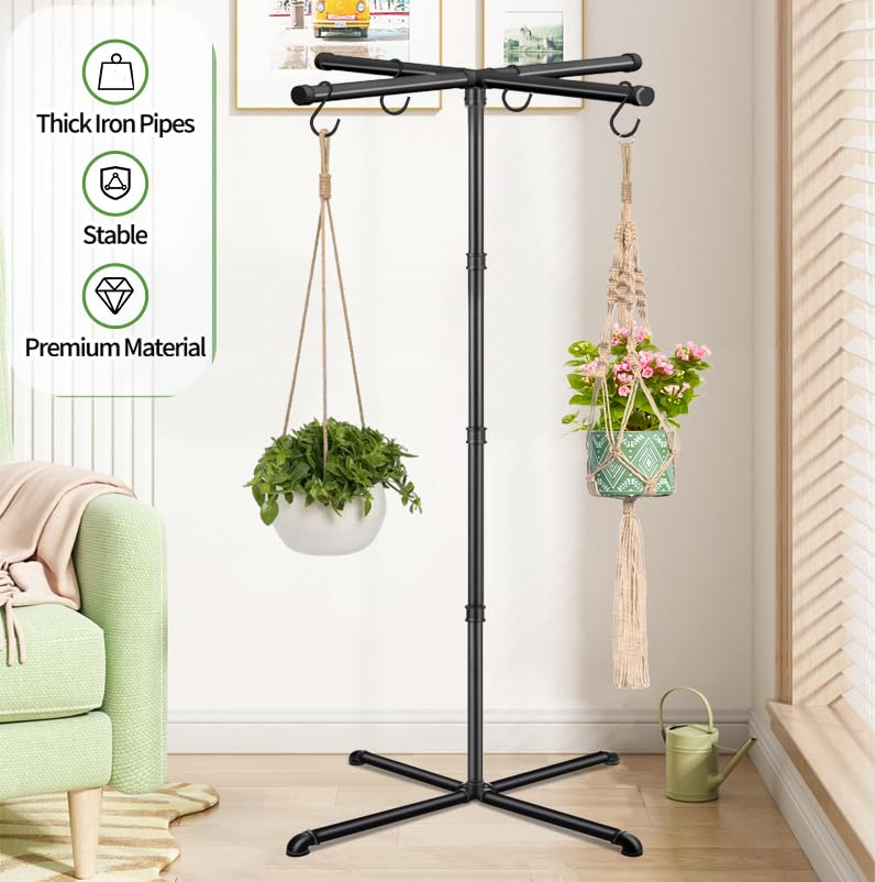 OugeWood heavy-duty metal stand with 8 hooks supports larger potted plants securely.