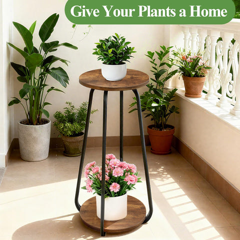 OugeWood 2-tier plant stand, front view highlights sturdy metal-wood build